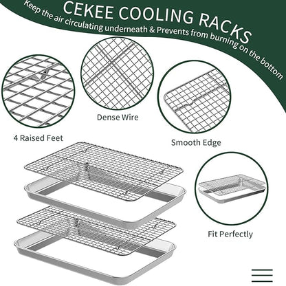 CEKEE 4 PCs Small Baking Sheet With Wire Rack Set [2 Pans + 2 Cooling Racks], 10 Inch Stainless Steel Tray - Rust & Warp Resistant, Easy Clean