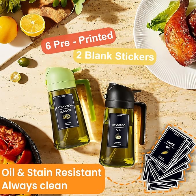 CXINYI - 16oz/470ml Olive Oil Dispenser for Kitchen with Stickers - 2 in 1 Olive Oil Sprayer for Cooking, Air Fryer, and Salad, White (Light-Proof Kitchen Gadget)
