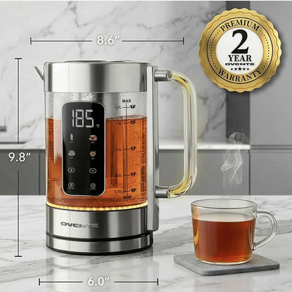 OVENTE Digital Glass Electric Tea Kettle 1.7L with Color-Changing LED Lights Temperature Control, Double-Wall Cool Touch, 4 Presets, Keep Warm, Tea Infuser & Boil-Dry Protection, Silver KGD913S