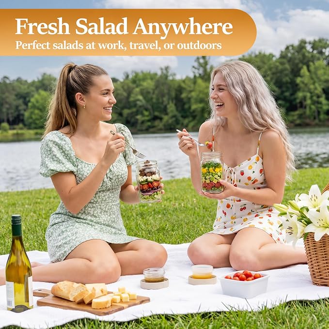 Glass Salad Jars 4 Pack 32oz with Lids for Meal Prep, Salad Container for Lunch, Jars with Dressing Cup, Wide Mouth Mason Jars, Meal Prep Jars