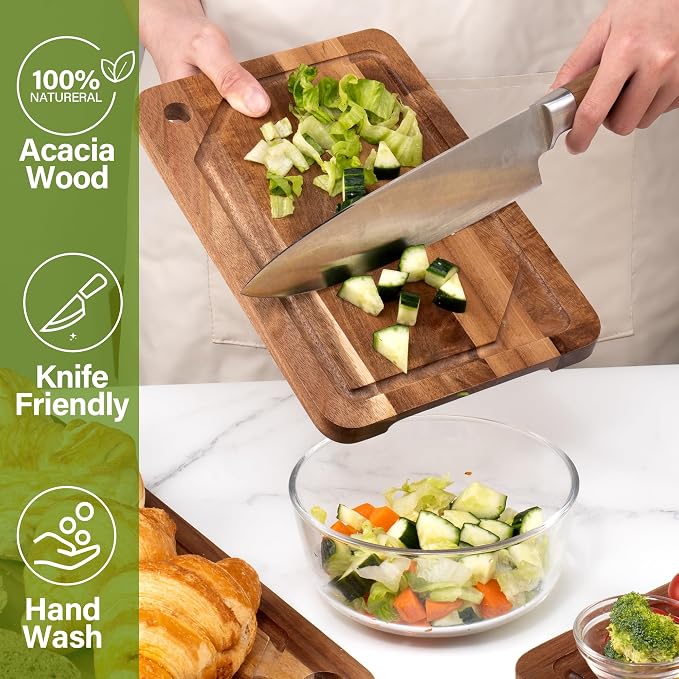 WILLKOMMEN Acacia Wood Cutting Board for Kitchen, 3-Piece Chopping Boards Set with Stand, Juice Groove, Handles & Hanging Holes, Butcher Block for Meat, Vegetables (Small, Medium, Large)
