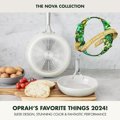 GreenPan Nova 8” & 10” 2 Piece Frying Pan Skillet Set, Oprah’s Favorite Things 2024, Induction Suitable PFAS-Free Nontoxic Ceramic Nonstick, Dishwasher & Oven Safe, Quick Even Heating, Cream White