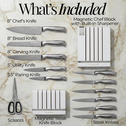 Magnetic Knife Set with Sharpener - Space Saving Convertible In Drawer Knife Block with Stainless Steel Kitchen Knives - Knife Drawer Organizer, German Steel Knife Set