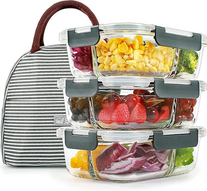 DAS TRUST 3 Pack Bento Box Glass Meal Prep Container 3 Compartment Glass Food Storage Containers with Lids Meal Prep Bowls Lunch Box for Oven