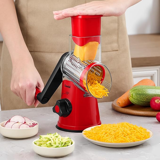 Geedel Rotary Cheese Grater, Kitchen Mandoline Vegetable Slicer with 3 Interchangeable Blades, Easy to Clean Rotary Grater Slicer for Cheese, Vegetables, Nuts