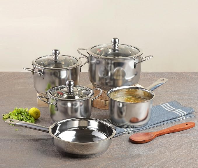 Vinod Stainless Steel Induction Friendly Tuscany Set 5 Pieces - Saucepan (14 cm/1.3 Litre), 3 Cassseroles (14 cm,16 cm & 18 cm/1.3,2 & 2.8 Litre), Frypan (18 cm) & 3 Glass Lids