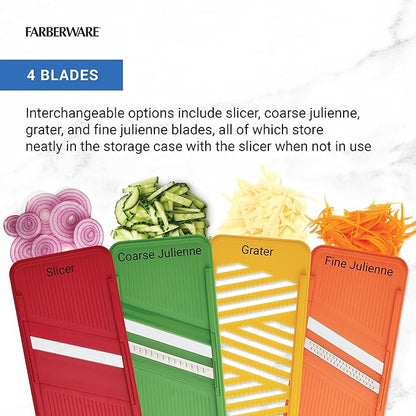 Farberware Mandoline Vegetable Slicer with 4 Blades and Container, BPA‑Free, Dishwasher Safe, Multicolored