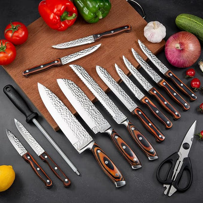 Kitchen Knife Sets with Block, 15-Piece High Carbon Stainless Steel Knife Block Set with Sharpener, Ultra-Sharp kitchen knives with Triple Rivet Wood Handle Perfect for Cooking Cut