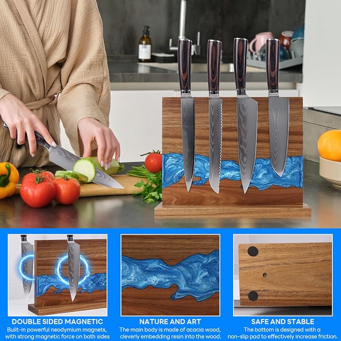 Magnetic Knife Block | Double Sided Magnetic Knife Holder | Acacia Wood Magnetic Knife Rack | Magnetic Knife Storage Stand for Kitchen Counter, Blue Resin River, 12.59×9.84IN (No Knife)