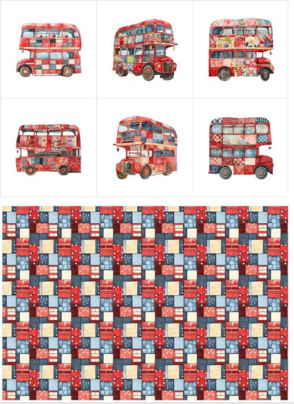 Patchwork Double-Decker Bus Cotton Fabric Panel – 6 Designs (10×10 inch Each) + Bonus Sheet 29.5×19.6 inch, 100% Cotton 140 GSM, Made in Türkiye