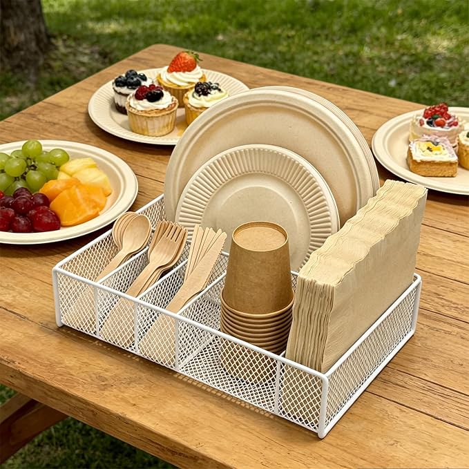Paper Plate Organizer for Countertop - Metal Utensil Caddy Silverware Holder Cutlery Flatware Plastic Spoon Fork Plates Napkins Cup Storage Dispenser Party Picnic Essentials Camping White