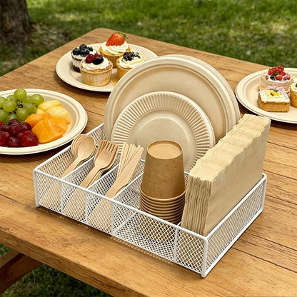 Paper Plate Organizer for Countertop - Metal Utensil Caddy Silverware Holder Cutlery Flatware Plastic Spoon Fork Plates Napkins Cup Storage Dispenser Party Picnic Essentials Camping White