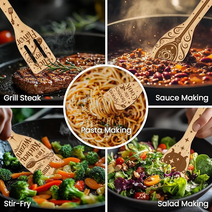 CUTHOLLOW 6PCS Magic Element Wooden Kitchen Cooking Utensil Set, 11.9in Non Toxic Bamboo Wood Spoon Set for Cooking, Best Housewarming Birthday Thanksgiving Christmas Gift for Women Mother