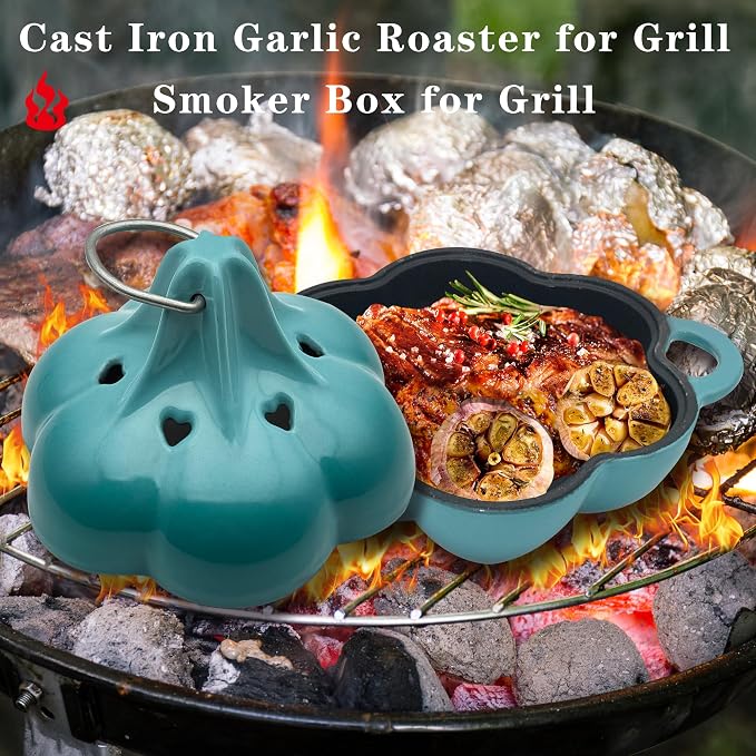 Cast Iron Smoker Roaster & Garlic Roster Baker, Smoker Box, Pre-Seasoned Cast Iron Garlic Roaster for Grill, Perfect for BBQ and Oven, for Smoky, Flavorful Vegetables, Meats or Wood Chips