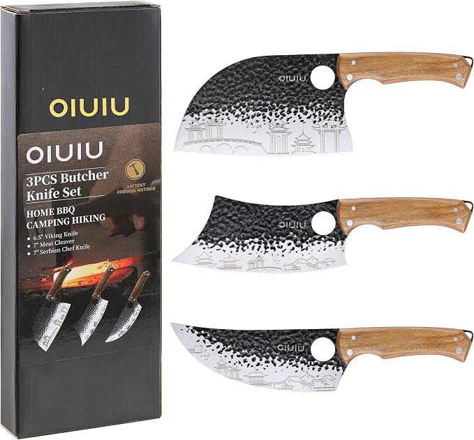 OLULU 3PCS Butcher Knife Set, 7" Butcher Meat Cleaver, 7" Serbian Chef Knife and 6.5" Viking Knife, Kitchen Knife Set with wood Handle, Great for Indoor & Outdoor (Unique Pattern)