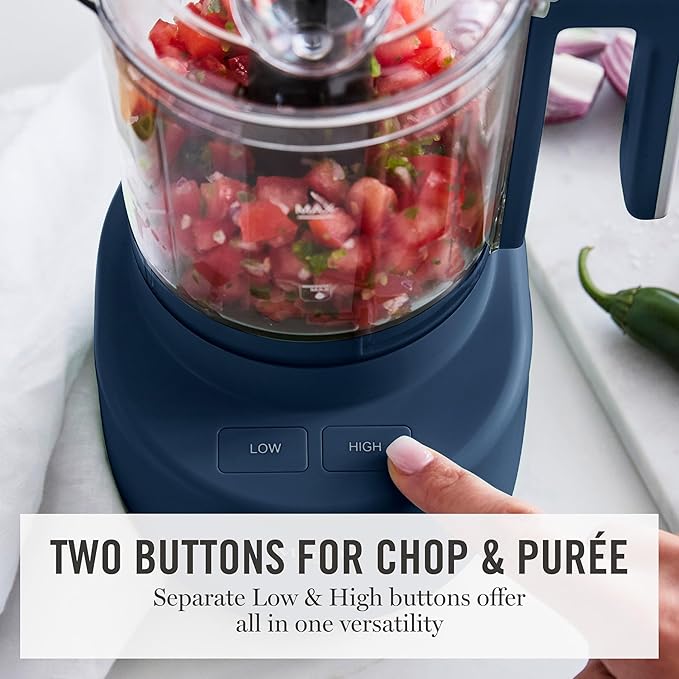 Martha Stewart 3 Cup Electric Food Chopper, Vegetable & Herb Mini Food Processor, 24oz BPA-Free Bowl, Stainless Steel Blades, Pour Spout, Dicing, Mincing, Chop & Puree, Dishwasher Safe, Indigo Blue