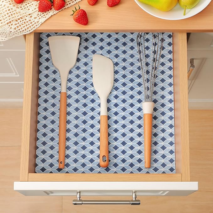 Cooyes 6 Pack 12" × 24" Cloth Shelf Liners for Kitchen Cabinet, Non-Slip Refrigerator Liners Machine Washable, Refrigerator Drawer Mats for Glass Shelves and Kitchen Cabinets, (Light Blue)