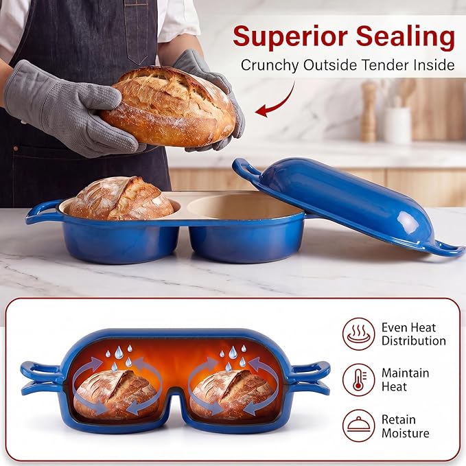 Cast Iron Dutch Oven for Sourdough Bread Baking, Enameled Bread Pot with Lid, Nonstick Double Loaf Pan for Homemade Bread, Cake & Meatloaf, Oven Safe to 500°F, 16.5cm Diameter, Blue