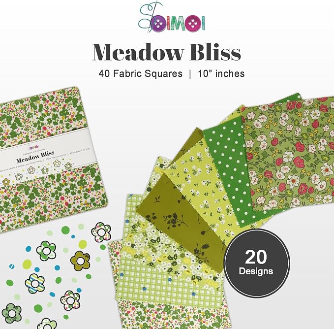 Soimoi 40 Pcs 10 x 10 inches Quilting Fabric Bundles Precut, DIY Cotton Fabric Squares, Printed Layer Cakes Patchwork Materials for Crafts Cloths Decor,Charm Squares for Quilts,Sewing - Meadow Bliss