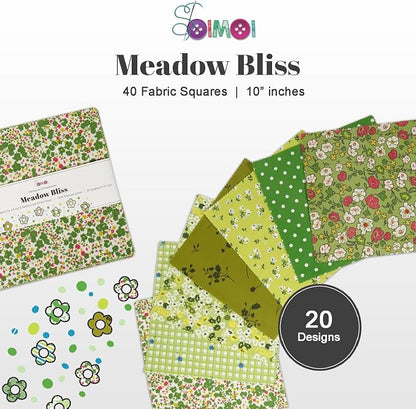 Soimoi 40 Pcs 10 x 10 inches Quilting Fabric Bundles Precut, DIY Cotton Fabric Squares, Printed Layer Cakes Patchwork Materials for Crafts Cloths Decor,Charm Squares for Quilts,Sewing - Meadow Bliss