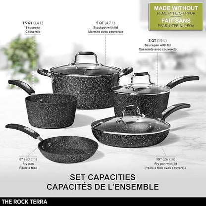 Starfrit The Rock Terra Ceramic Non-Stick Cookware Set, 8-Piece, Chemical-Free, Oven and Dishwasher Safe, with Saucepans, Stockpot, and Fry Pans, Black Marble