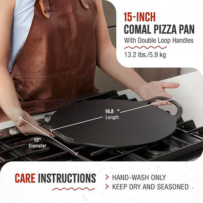 Victoria 15-Inch Cast Iron Comal Pizza Pan with 2 Side Handles, Preseasoned with Flaxseed Oil, Made in Colombia