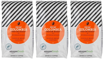 Amazon Fresh Decaf Colombia Whole Bean Coffee, Medium Roast, 12 Ounce (Pack of 3)