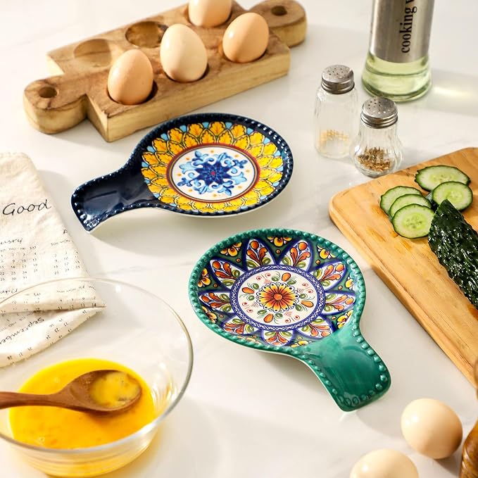 Ceramic Spoon Rest for Stove Top, Bohemian Style 7.7 Inch Large Spoon Holder for Kitchen Counter, Heat-Resistant Cooking Utensil Rest for Spatula, Ladle and Tongs, Dishwasher Safe, Set of 2