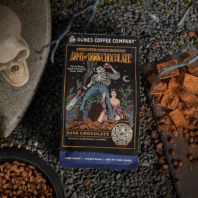 Bones Coffee Company Decaf Army of the Dark Chocolate Decaffeinated Flavored Coffee, Medium Roast Low Acid Arabica Beans Compatible with Auto drip and French Press Coffee Maker, 12 Oz Ground