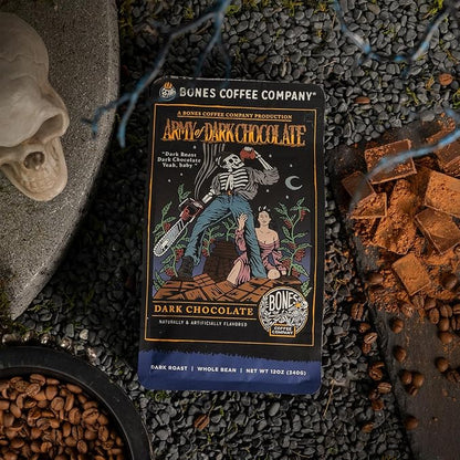 Bones Coffee Company Decaf Army of the Dark Chocolate Decaffeinated Flavored Coffee, Medium Roast Low Acid Arabica Beans Compatible with Auto drip and French Press Coffee Maker, 12 Oz Ground