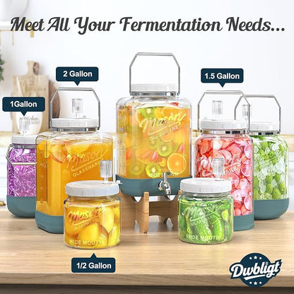 2 Pack Large Fermentation Jars with Airlock, 2 Gallon Glass Jar with Airtight Lid-Wide Mouth Mason Jar with Handle & Non-slip Base for Mead Making & Kombucha, Pickle Jar, Kimchi Containers