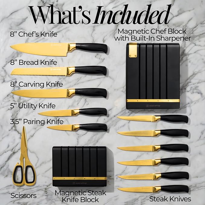 Black and Gold Knife Set - Knife Set with Magnetic Block, Knife Set with Block and Sharpener, Space Saving Convertible In Drawer Knife Block, German Stainless Steel Kitchen Knives