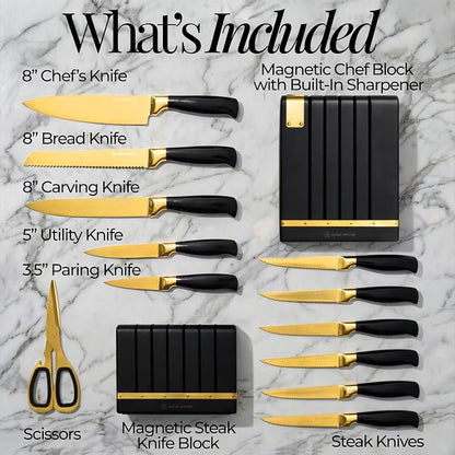 Black and Gold Knife Set - Knife Set with Magnetic Block, Knife Set with Block and Sharpener, Space Saving Convertible In Drawer Knife Block, German Stainless Steel Kitchen Knives