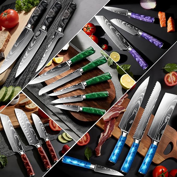 10-Piece Premium Japanese Kitchen Knife Set - Star Collection, Laser Damascus Pattern, 440A Stainless Steel Ultra Sharp for Fast Cutting (Blue)