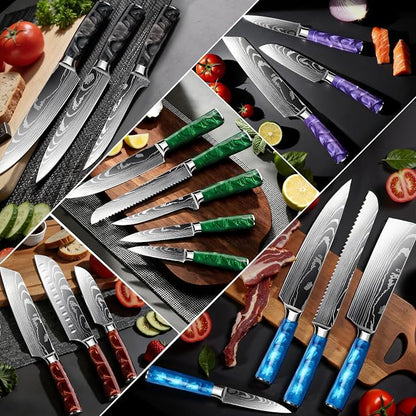 8-Piece Premium Japanese Kitchen Knife Set - Star Collection, Laser Damascus Pattern, 440A Stainless Steel Ultra Sharp for Fast Cutting (Black 8J)