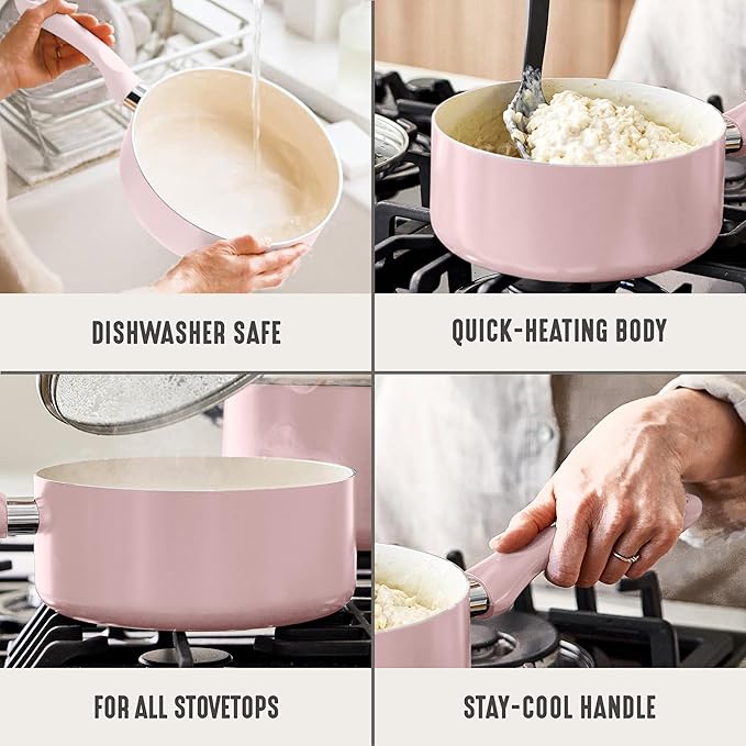 GreenLife 2 Quart Nonstick Saucepan with Lid, Non-Toxic Ceramic Pot, Dishwasher Safe, Stay-Cool Handle, Induction Ready, Fast Heating, PFAS Free, Easy Clean, Blush Pink