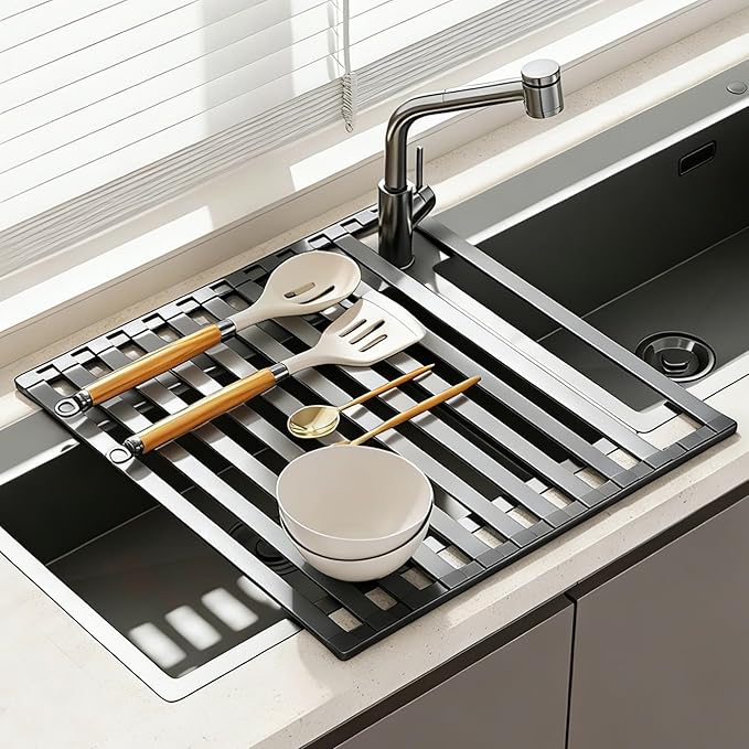 Foldable Over Sink Dish Drying Rack, Extra Wide & Thick Rust-Proof Aluminum Sink Cover for Counter Space, Collapsible Dish Drying Rack Fits Most Kitchen Sinks (Gray, 13.8“x13.6)