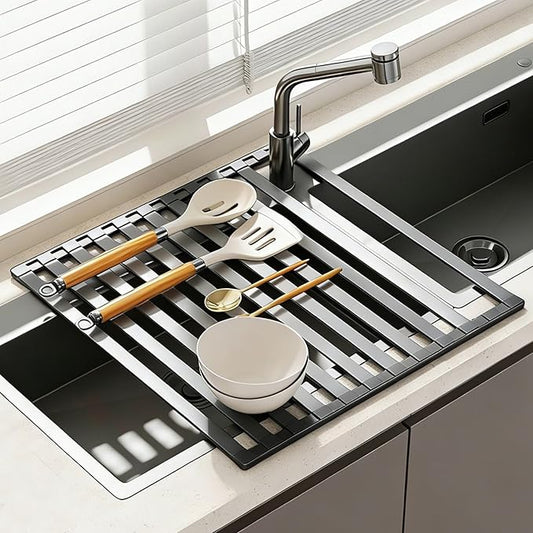 Foldable Over Sink Dish Drying Rack, Extra Wide & Thick Rust-Proof Aluminum Sink Cover for Counter Space, Collapsible Dish Drying Rack Fits Most Kitchen Sinks (Gray, 13.8“x13.6)