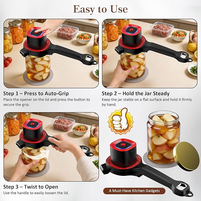 Electric Jar Opener for Seniors with Auto-Adjusting Gripper, Rechargeable Jar & Bottle Openers for Weak Hands and Arthritis, Easy Twist Off Lid Opener with Rubber Gripper Pad, Fits 1"-3.5" Lids(Red)
