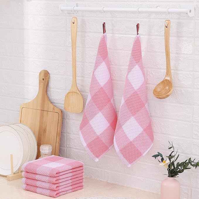 Homaxy 100% Cotton Waffle Weave Check Plaid Dish Cloths, 12 x 12 Inches, Super Soft and Absorbent Dish Towels Quick Drying Dish Rags, 6-Pack, White & Pink