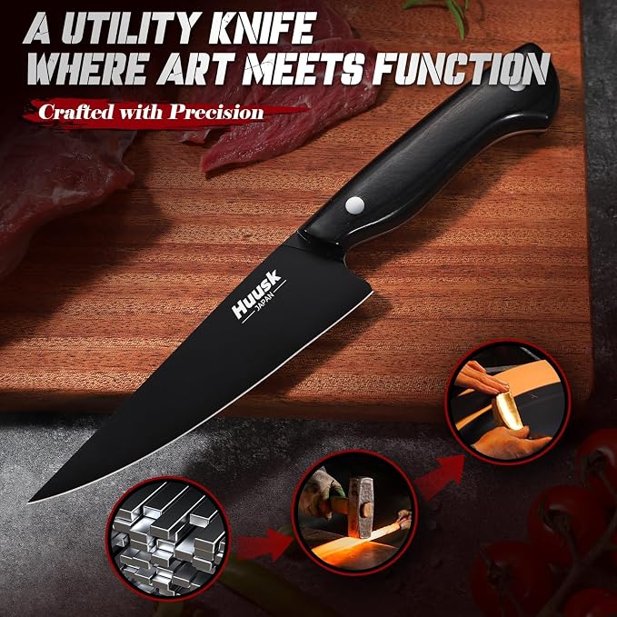 Huusk Japanese Kitchen Utility Knife 5.7in - Titanium Coating Blade Small Kitchen Knife, Sharp Mini Chef Knives for All Purpose, High Carbon Stainless Small Chef Knifes, Gifts Idea for Men