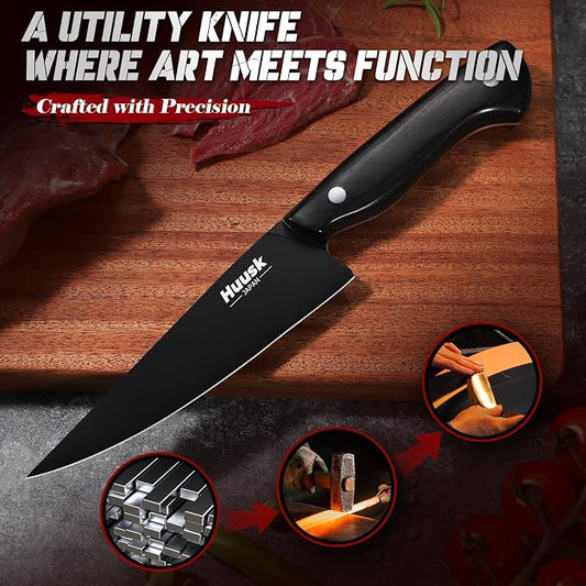 Huusk Japanese Kitchen Utility Knife 5.7in - Titanium Coating Blade Small Kitchen Knife, Sharp Mini Chef Knives for All Purpose, High Carbon Stainless Small Chef Knifes, Gifts Idea for Men