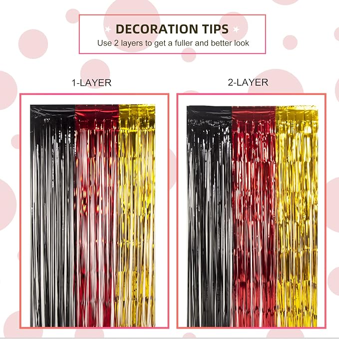 LOLStar 3 Pack Cartoon Mouse Birthday Party Supplies, 3.3x6.6 ft Black Red Gold Birthday Party Decorations Tinsel Foil Fringe Curtains Cute Mouse Photo Booth Props Metallic Backdrop Streamers for Boys