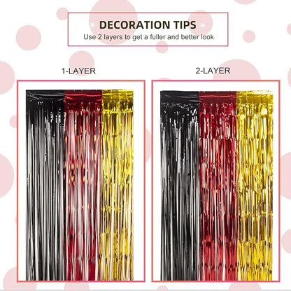 LOLStar Cartoon Mouse Birthday Party Supplies,5 Packs of 3.3x6.6 ft Black Red Gold Tinsel Foil Fringe Curtains, Cartoon Photo Booth Prop Streamer Backdrop, Birthday Party Decorations for Toddlers Kids