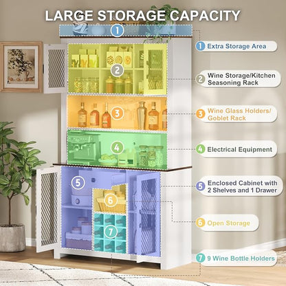 VilroCaz 70.9" Tall Farmhouse Kitchen Pantry Buffet Cabinet with Doors, Drawer and Shelves Wine Rack, Wooden Kitchen Hutch Cabinet with LED Outlets for Dining Room (White-R)
