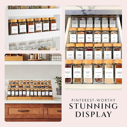 FINESSY Glass Spice Jars with Label with Bamboo Lids 36 Pack Set, 4oz Empty Clear Glass Spice Bottles with Shaker Lids, Airtight Kitchen Seasoning Organizer Jars, Herb Seasoning Containers with Labels