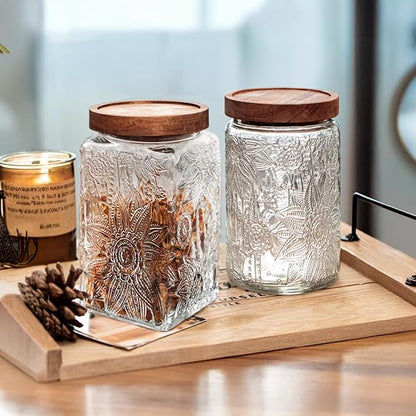 Custde Glass Storage Jars With Airtight Lid, 35oz Container For Kitchen Counter with Wood Lid, brown sugar, candy, coffee, cookie, salt, tea, cute Jar (Large Square Sunflower)