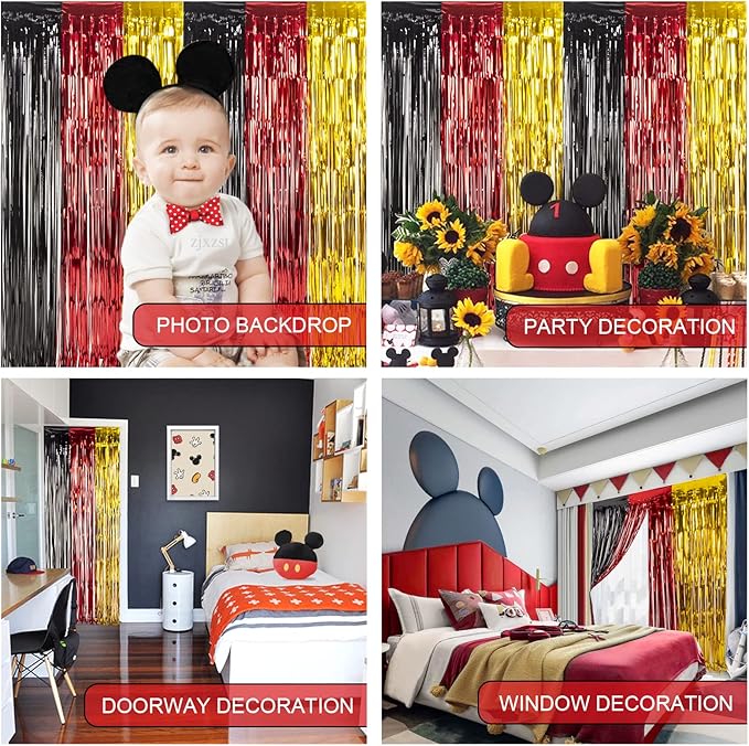 LOLStar 3 Pack Cartoon Mouse Birthday Party Supplies, 3.3x6.6 ft Black Red Gold Birthday Party Decorations Tinsel Foil Fringe Curtains Cute Mouse Photo Booth Props Metallic Backdrop Streamers for Boys