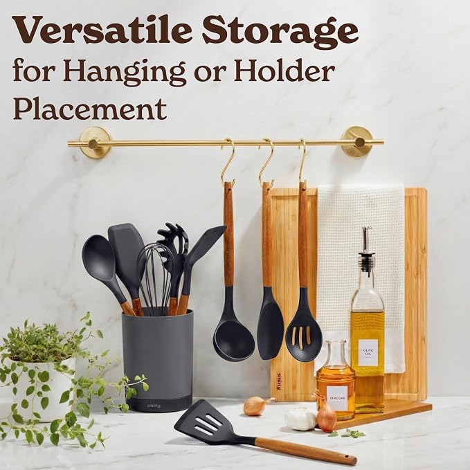 Silicone Kitchen Utensils Set & Holder: Cooking Utensils Set - Kitchen Essentials for New Home & 1st Apartment- Silicone Spatula Set, Cooking Spoons for Nonstick Cookware (Acacia Wood, Grey)