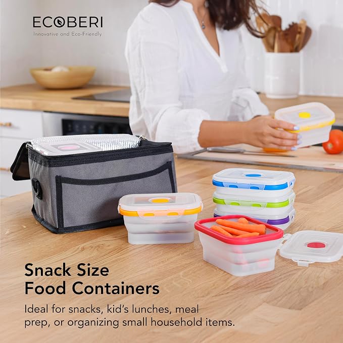 ECOBERI Collapsible Food Storage Containers, Silicone Small 8 Piece 12 oz Set, BPA-Free Food Storage with Airtight Lids, Space-Saving Lunch Containers, Freezer and Dishwasher Safe